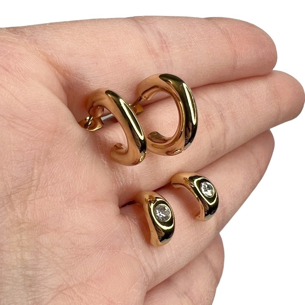 Shiny Gold Tone Huggy Half Hoops Rhinestone Pierced Earrings Set